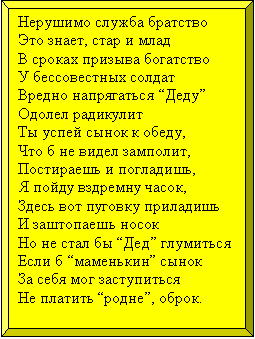 Багетная рамка: Нерушимо служба братство
Это знает, стар и млад
В сроках призыва богатство
У бессовестных солдат
Вредно напрягаться “Деду”
Одолел радикулит
Ты успей сынок к обеду,
Что б не видел замполит,
Постираешь и погладишь,
Я пойду вздремну часок,
Здесь вот пуговку приладишь
И заштопаешь носок
Но не стал бы “Дед” глумиться
Если б “маменькин” сынок
За себя мог заступиться
Не платить “родне”, оброк.

